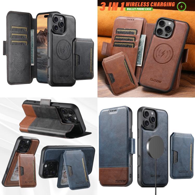For iPhone 16 Pro Max Suteni Q06S3 3-in-1 Splicing Detachable Vertical Flip Wallet MagSafe Leather Phone Case(Black) by Suteni