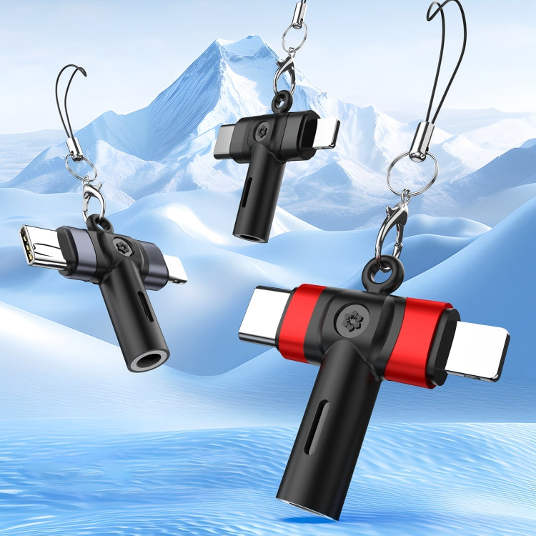 2 in 1 Flower Pattern Type-C and 8 Pin to 3.5mm Audio Adapter with Lanyard(Grey Black) by bashfashion