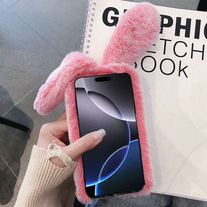 For iPhone 13 mini 3D Cute Long-eared Rabbit Plush Full Coverage Phone Case(Gray) by bashfashion