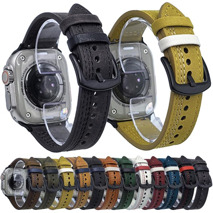 For Apple Watch 42mm / 41mm / 40mm / 38mm 7-Line Tri-Star Buckle Pull Up Leather Watch Band(Beige Red Thread) by bashfashion