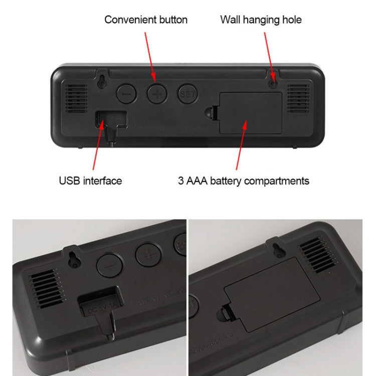 671 Mirror Screen Digital LED Alarm Clock USB Plug-in/Battery Dual-use With Temperature/Humidity Display(Black Shell White Red) by bashfashion