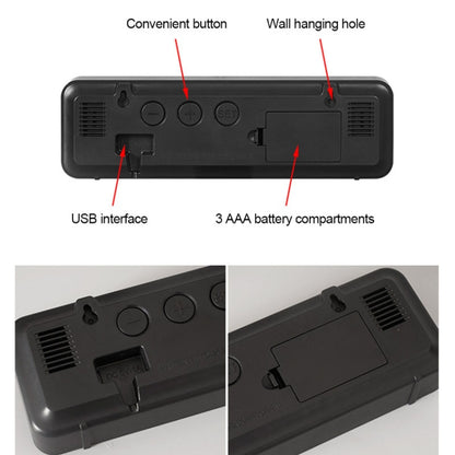 671 Mirror Screen Digital LED Alarm Clock USB Plug-in/Battery Dual-use With Temperature/Humidity Display(Black Shell White Red) by bashfashion